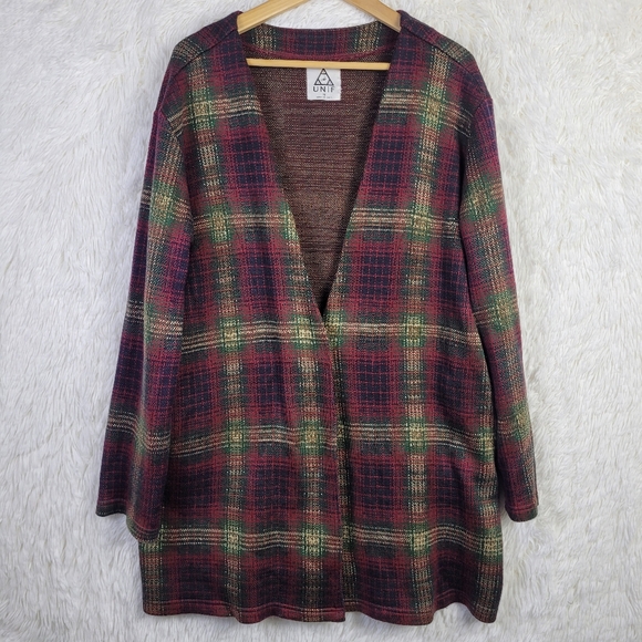 Med Unif Red Plaid One Button Oversized Duster Cardigan Retro Holiday Lagenlook - Picture 1 of 10